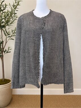 Eileen Fisher Open Front Jacket M Textured Fringe Italian Fabric USA Made Luxury